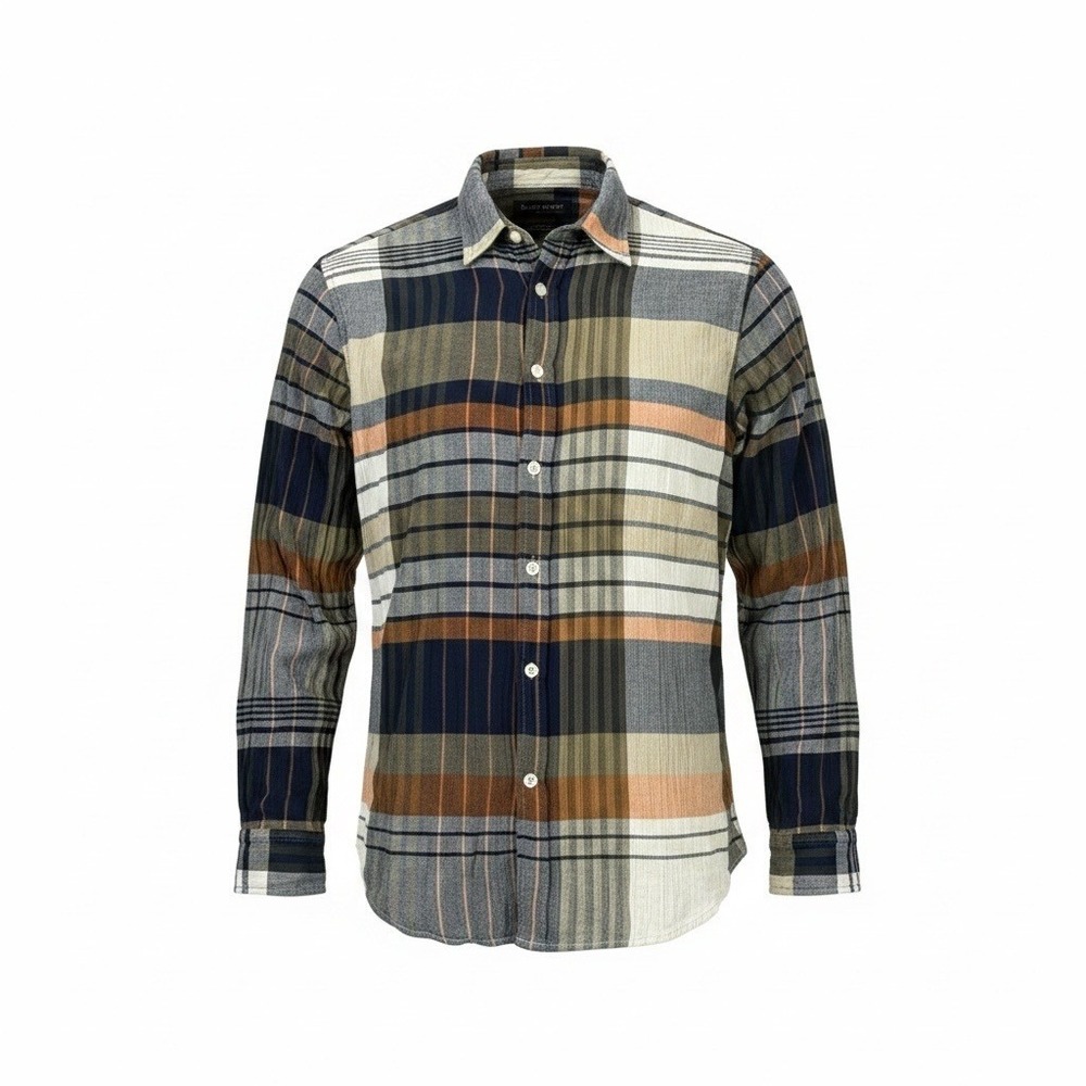 BR Button Down M Multi Plaid Layering Untucked Earth Tones Gorpcore Autumn